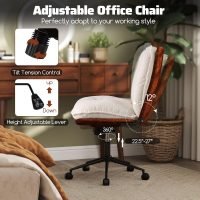 COSTWAY Criss Cross Chair with Wheels, Dual-Layer PU Leather & Thickened Boucle Cushion, Armless Home Office Desk Chair with Rocking Backrest, Wide Swivel Makeup Vanity Chairs for Small Space - Image 4