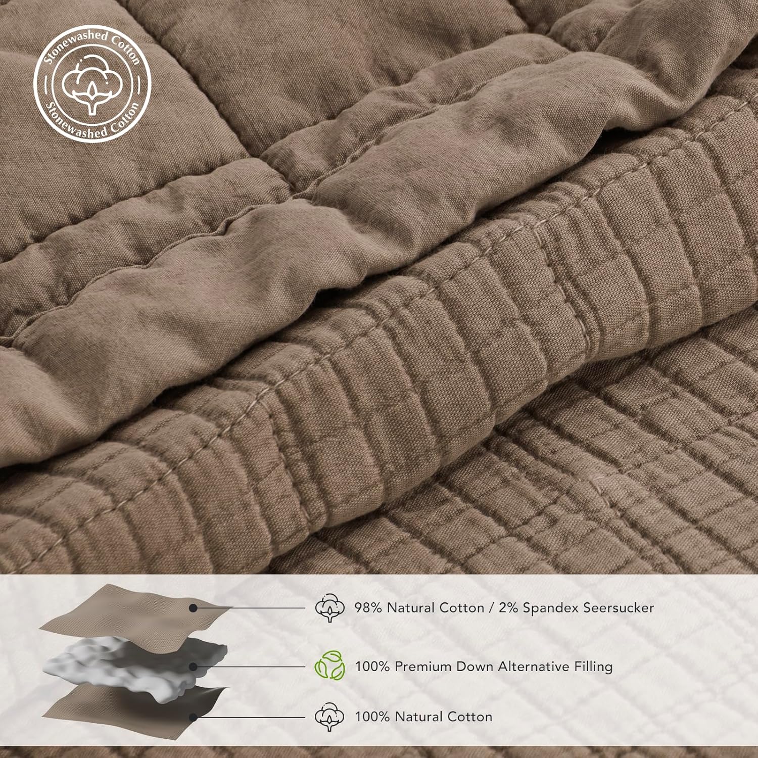 EVERGRACEHOME Stonewashed Cotton Quilt Set King Size, Ultra Soft Oversized Bedspread Coverlet Set, Lightweight Crinkle Box Stitch Bedding Sets for All Season, with 2 Shams, Mocha Brown - Image 5