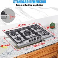 Hothit Propane Gas Cooktop 30" Inch, 5 Burner Built-in Stainless Steel Gas Stove Top, LPG/NG Dual Fuel Auto Ignition Gas Hob, Include Gas Pressure Regulator(L30"×W20")… - Image 2