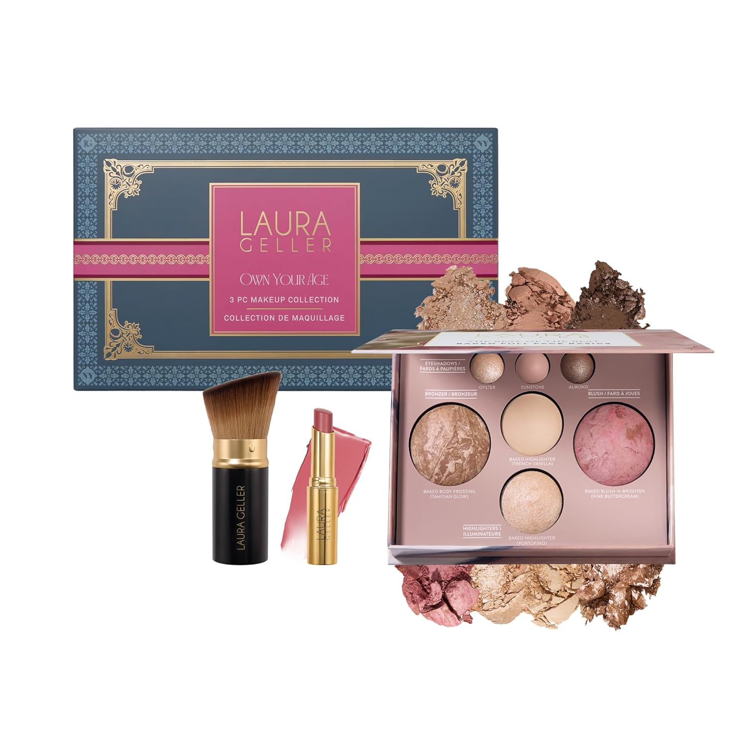 LAURA GELLER NEW YORK Own Your Age Boxed Makeup Collection | Amazon Exclusive - Giftable Makeup Set with All-in-One Face Palette, Hydrating Lip Color Balm and Retractable Travel Friendly Kabuki Brush