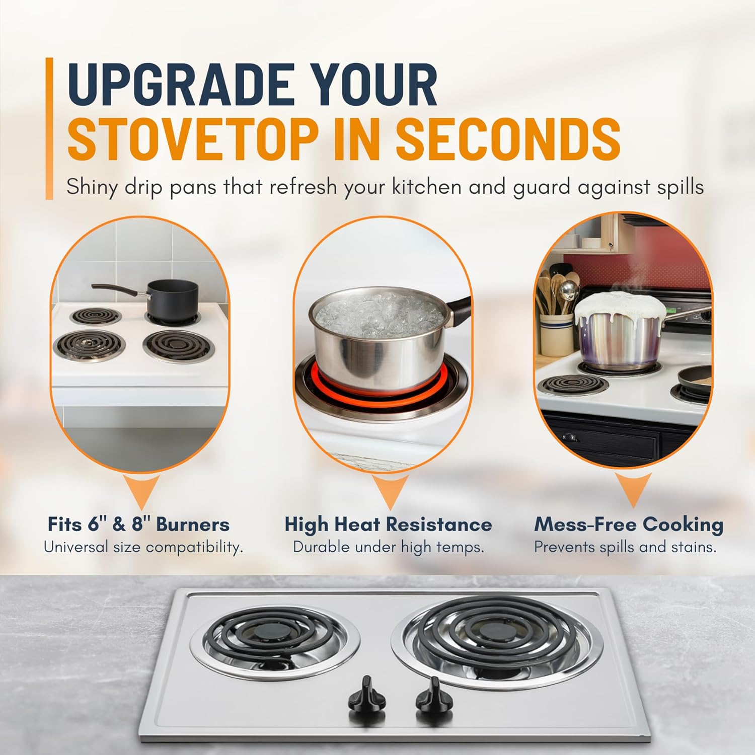 Electric Stove Drip Pans Set of 4 (2 x 6-Inch & 2 x 8-Inch) Replacement Chrome Drip Pans for Electric Stove Compatible with Frigidaire, Kenmore, Tappan & More - Stove Burner Drip Pan Replacements - Image 4