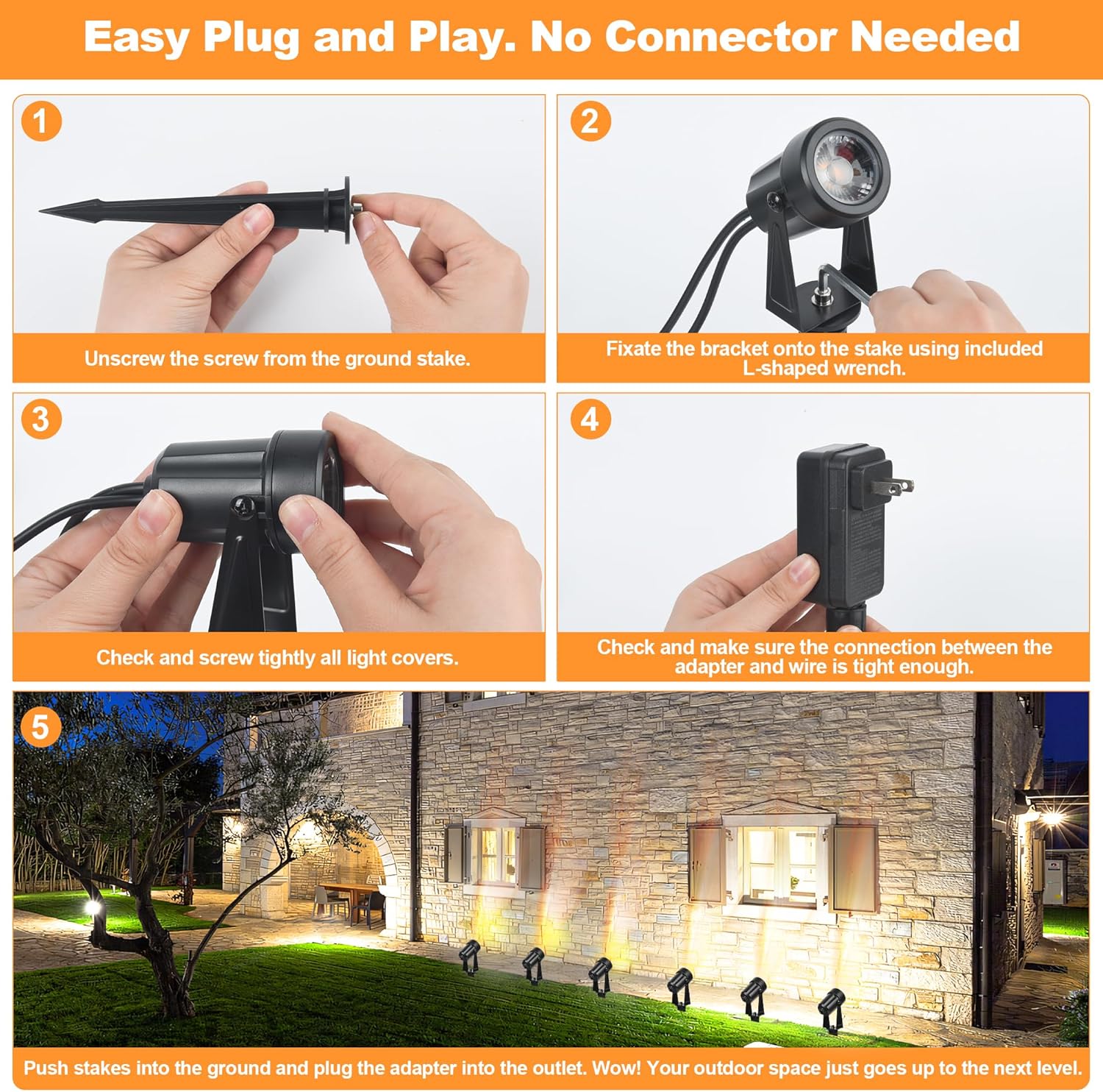 Outdoor Landscape lighting Low Voltage, 65.6FT Wired LED Spot light with Plug-in Transformer, IP65 Waterproof Outside Uplight 18W 1800LM for Yard Garden Tree Pathway House, Warm White 3000K, Pack of 6 - Image 5