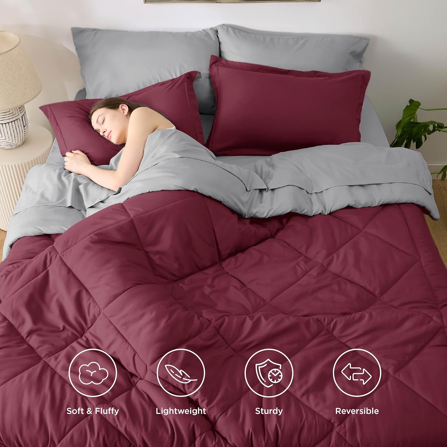 Bedsure Queen Comforter Set - 7 Pieces Reversible Burgundy Bedding, Queen Size Bed Set for All Seasons, Bed in a Bag with Down Alternative Comforter, Sheets, Pillowcases & Shams - Image 2