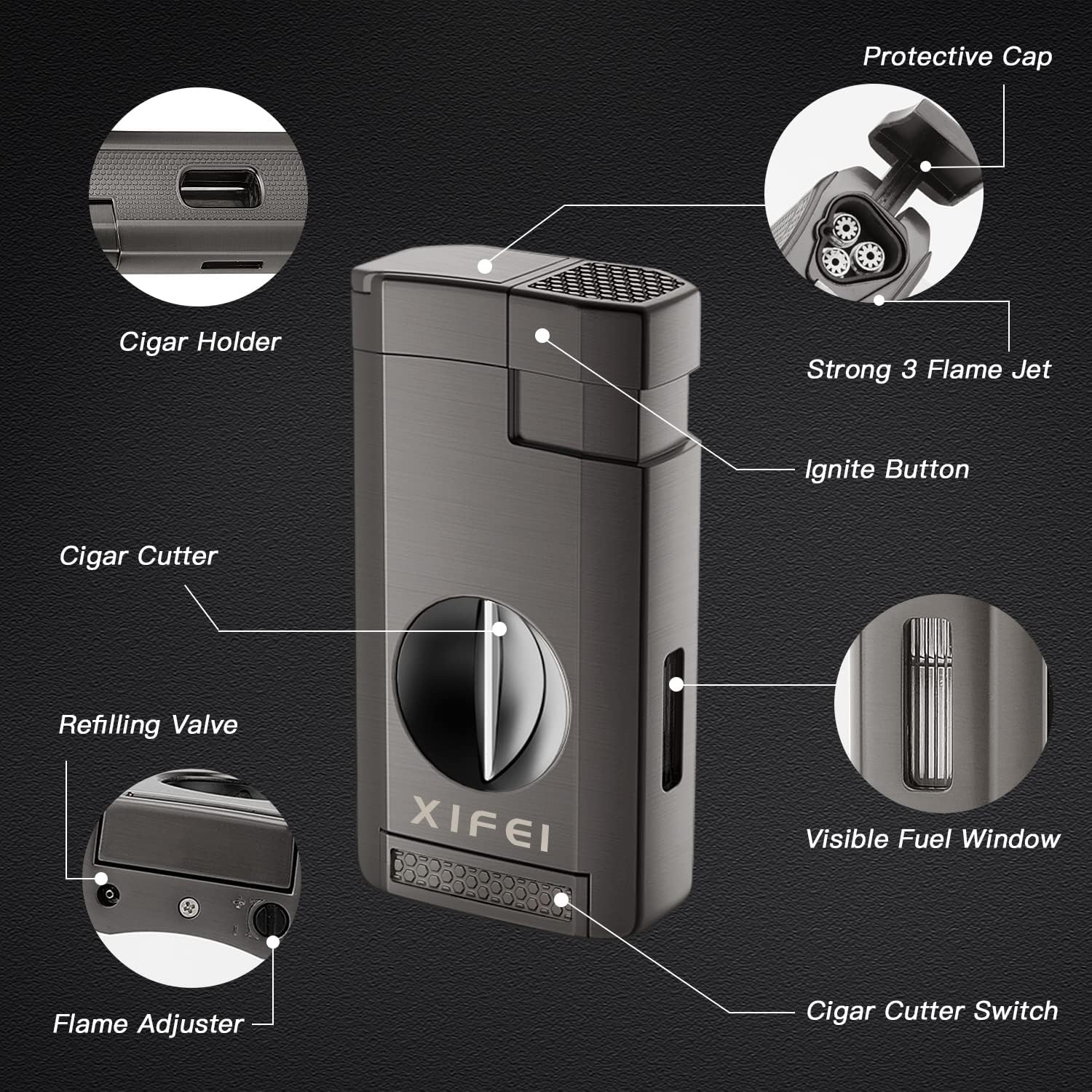 XIFEI Cigar Lighter, Triple Jet Flame Torch Lighter with Cigar Cutter V Cut, Cigar Accessories Cigar Holder, Windproof Refillable Butane Lighters for Smoking with Gift Box - Image 6