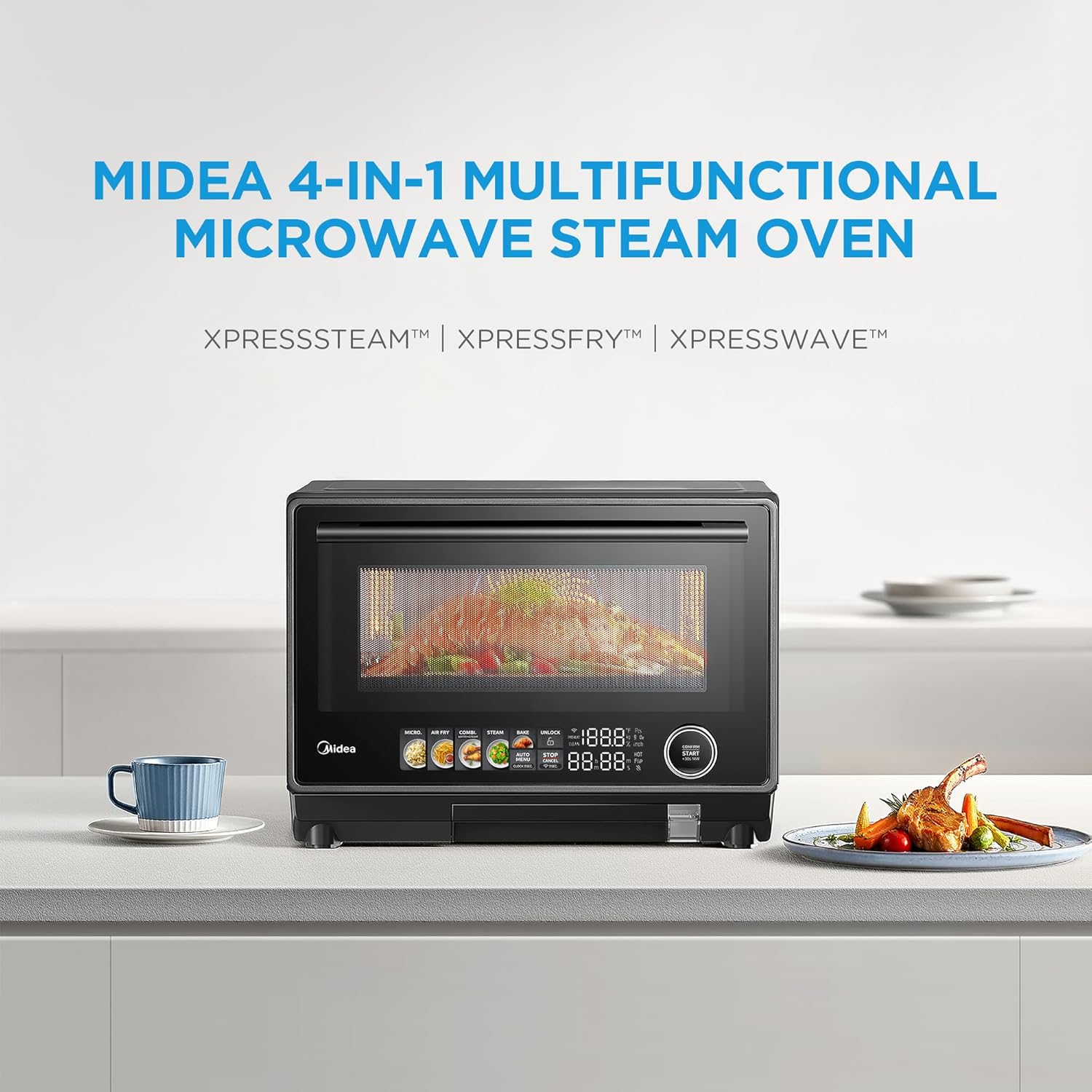 Midea 4-in-1 Multifunctional Microwave Steam Oven, Combo Air Fryer, Steamer & Microwave Oven, 32 Auto Functions, Adjustable Power and Temperature, Color Screen Touch Control, 0.9CU.FT./23L - Image 2