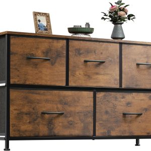 WLIVE Dresser for Bedroom with 5 Drawers, Wide Chest of Drawers, Fabric Dresser, Storage Organizer Unit with Fabric Bins for Closet, Living Room, Hallway, Rustic Brown Wood Grain Print