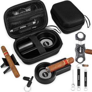 Multifunctional Cigar Accessories, 5-in-1 Kit - V Cigar Cutter, Cigar Draw Enhancer Tool, Cigar Ashtray, Cigar Holder, Cigar Punch, with Accessory Bag for Smoking, Travel, Outdoor, Cigar Gifts for Men