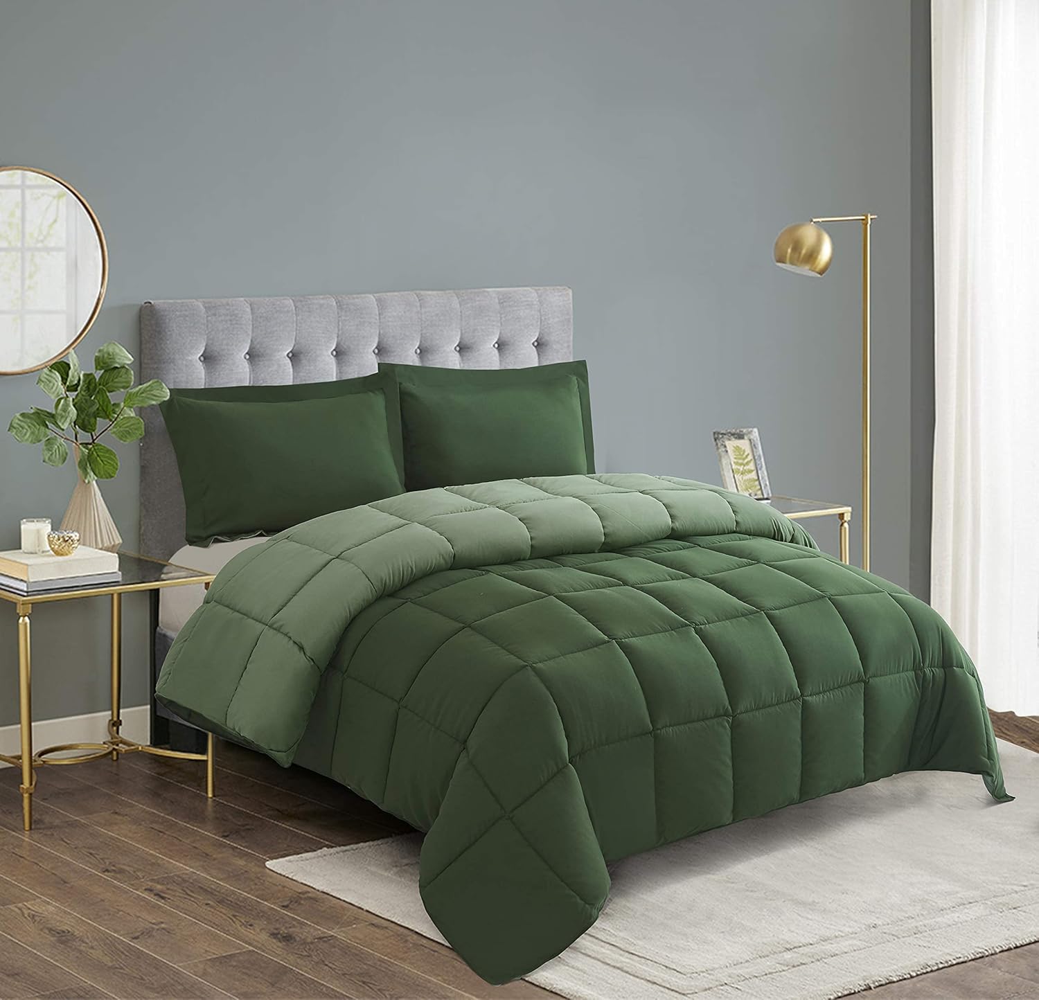 HIG 3pc Green Queen Size Comforter Set - All Season Reversible Down Alternative Bedding Comforter Set - Quilted Duvet Insert with Corner Tabs - Box Stitched Blanket - Breathable, Soft, Fluffy - Image 2