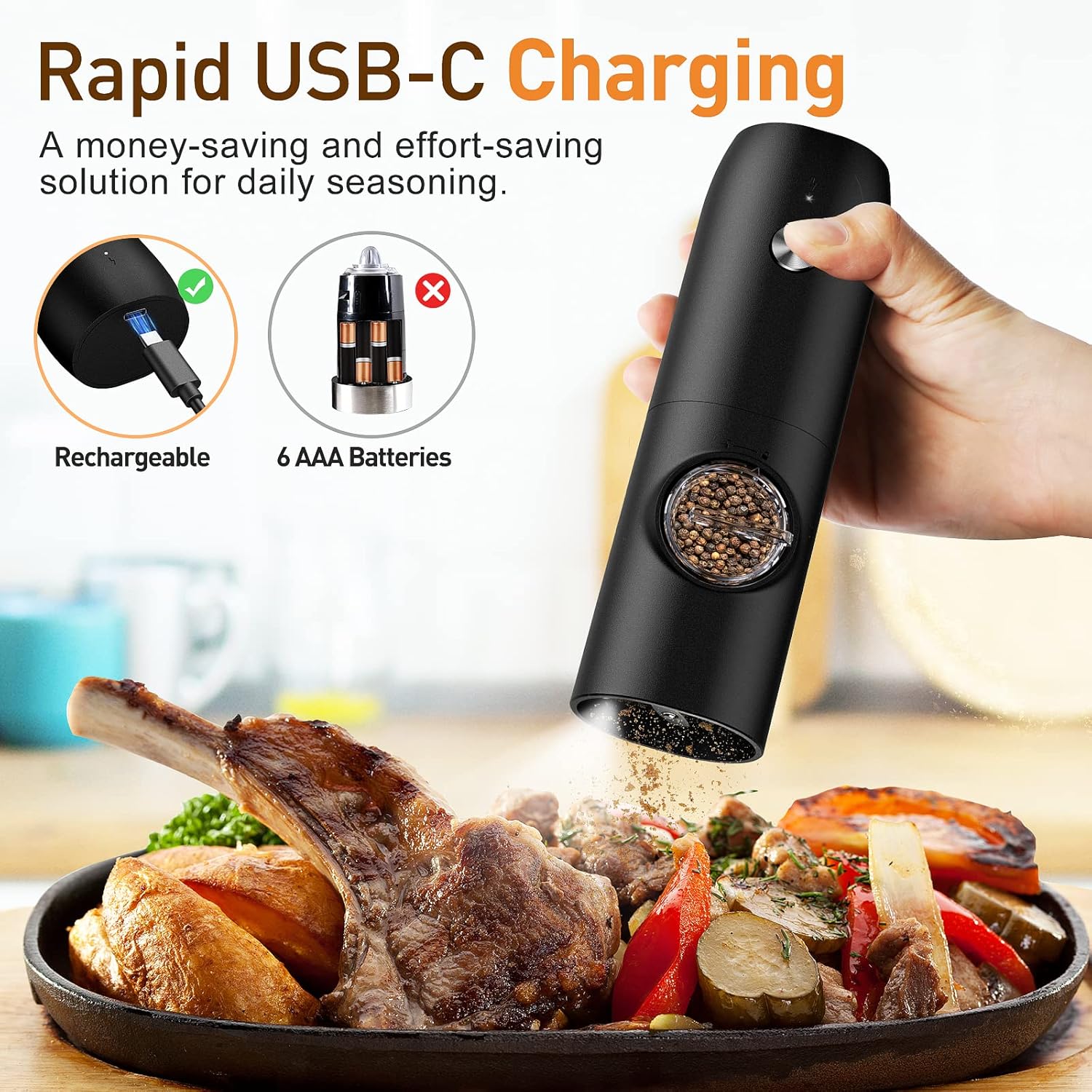 Electric Salt and Pepper Grinder Set:Rechargeable Automatic Pepper Mill Grinder with LED House Warming Gifts New Home, USB Adjustable Coarseness shakers, One-Hand Operation for Kitchen Appliances - Image 2