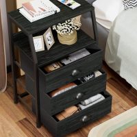 Furnulem Black Night Stand, Small Dresser for Bedroom, Nightstand with 3 Fabric Storage Drawers and 2-Tier Shelf, End Table Side Furniture for Closet, Hallway, Nursery, Sturdy Steel Frame, Wood Top - Image 4
