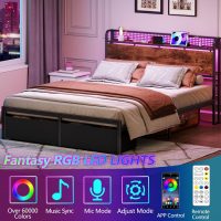 Furnulem Queen Size Bed Frame with Headboard, Platform Bed Frame Queen Size with 2 Storage Drawers and Charging Station & LED Lights, No Box Spring Needed, Noise Free - Image 3