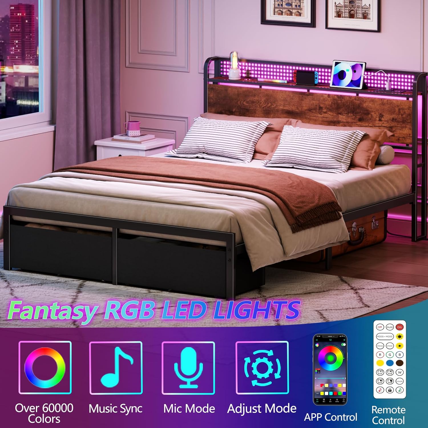 Furnulem Queen Size Bed Frame with Headboard, Platform Bed Frame Queen Size with 2 Storage Drawers and Charging Station & LED Lights, No Box Spring Needed, Noise Free - Image 3