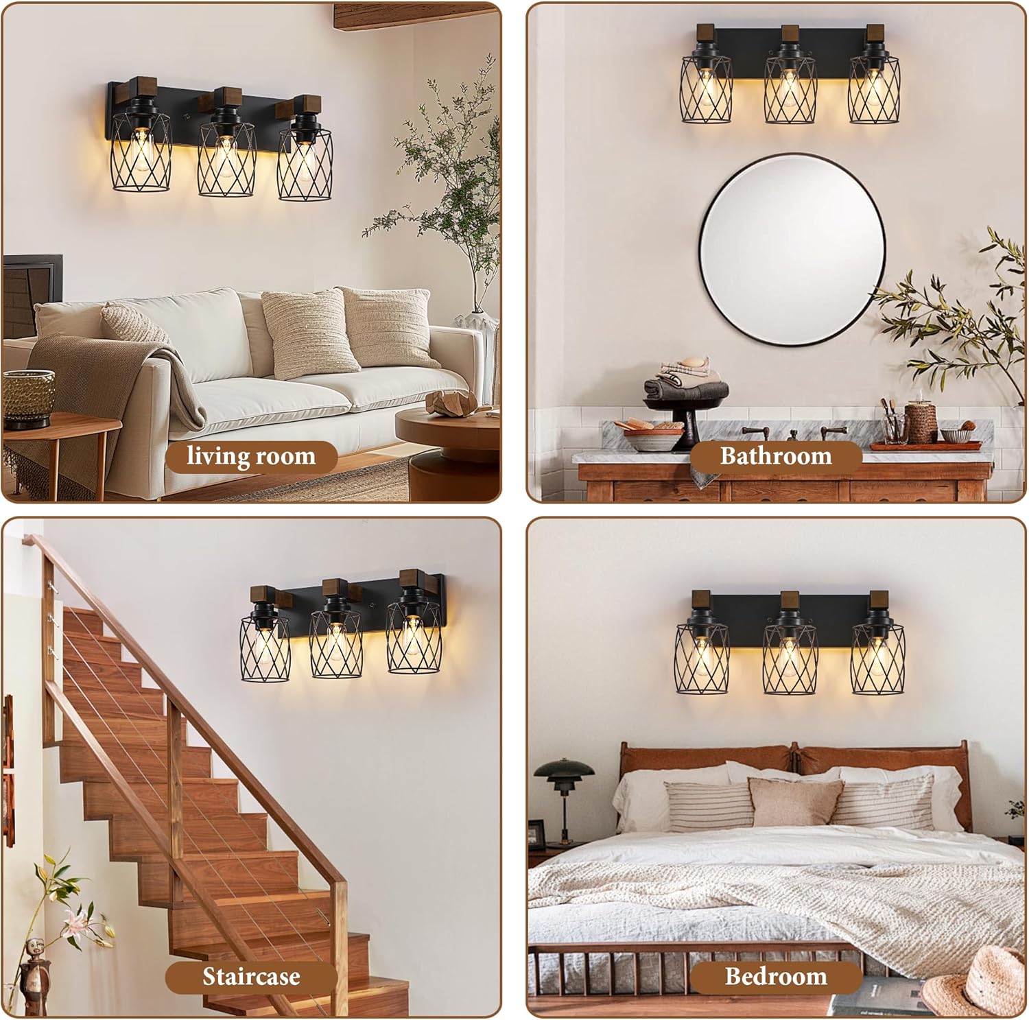 Farmhouse Bathroom Vanity Light, 3-Light Wood Bathroom Light Fixtures Over Mirror, Black Industrial Vanity Lights with Metal Shade, Rustic Bathrooms Lighting for Living Room, Bedroom, Hallway - Image 7