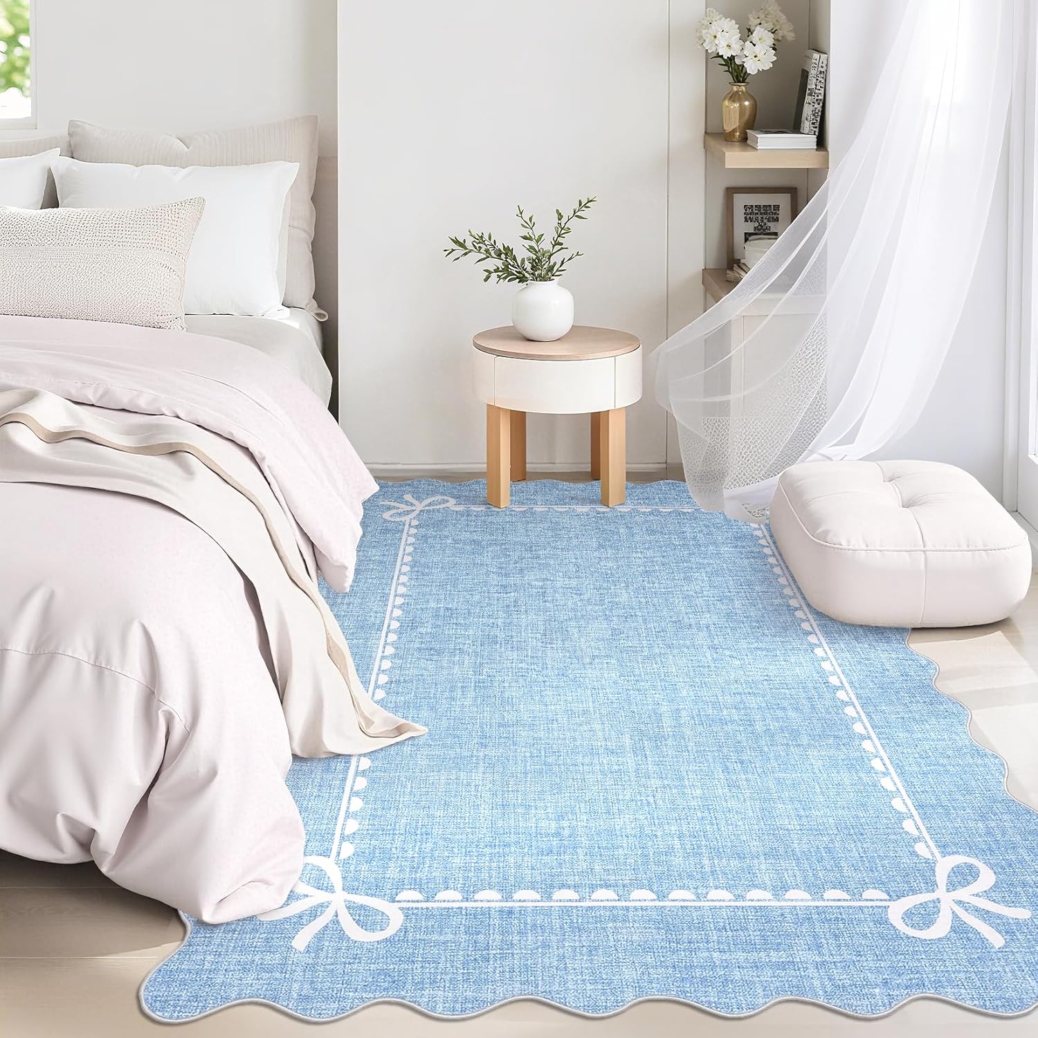 GarveeHome Scalloped Bow Rug for Living Room, Solid Blue Rug for Dorm, Washable Rugs 5x7 Soft Low Pile Non Slip Scalloped Rugs for Nursery College Bedroom Decor Kids Room Playroom - Image 2