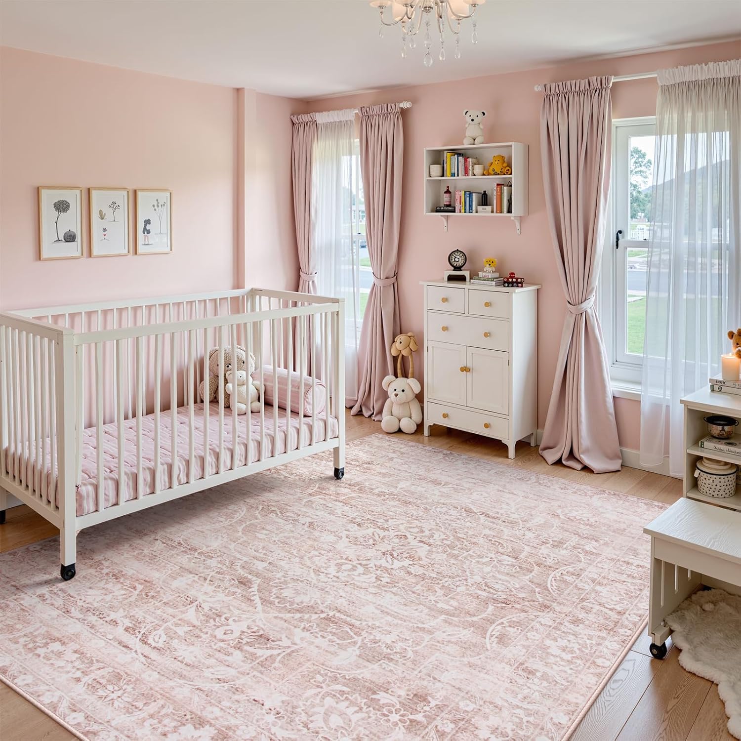 Lahome Pink Rugs for Bedroom Girls,Cute Nursery Rug Boho Area Rugs 5x7,Floral Living Room Rug Carpet Ultra-Thin Soft Washable, Kids Rugs for Playroom Baby Room Decor Dorm (Pink, 5'X7')