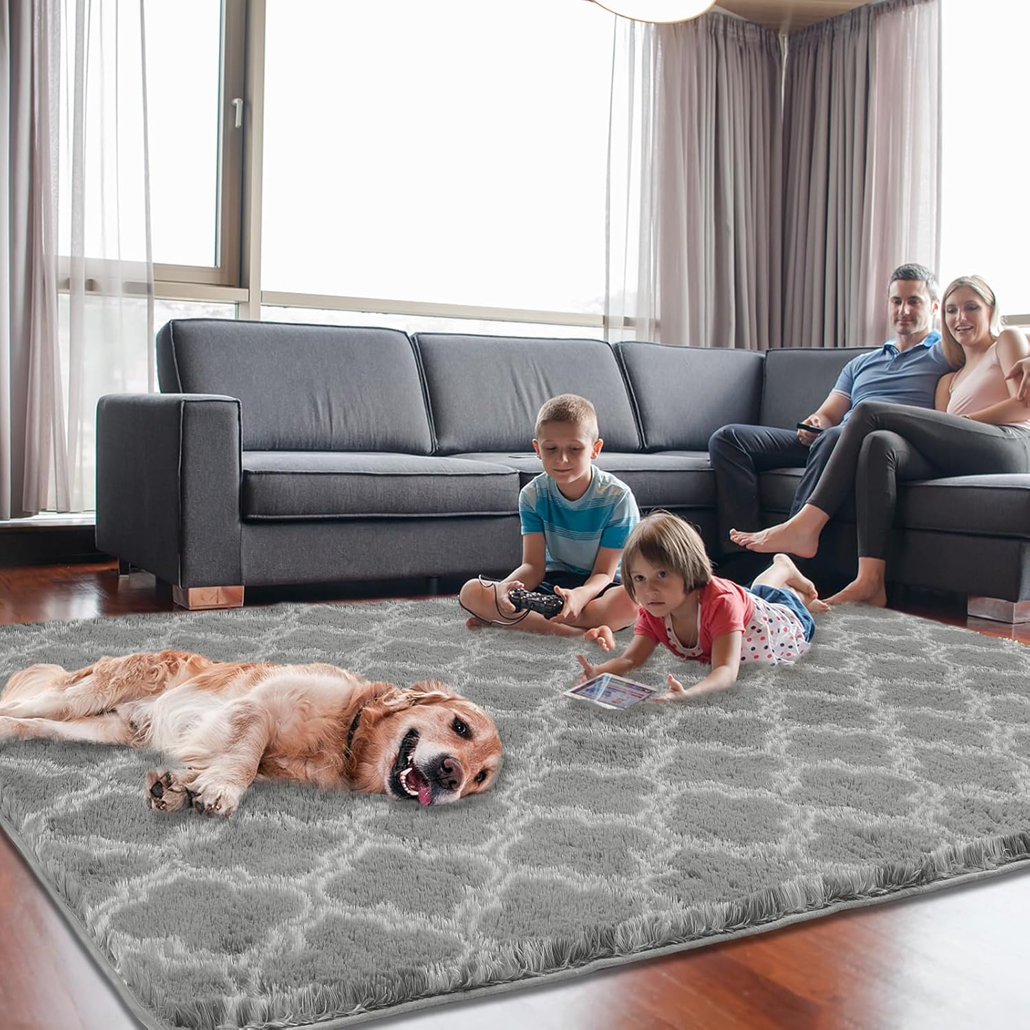 Shag Area Rug 5x7 Feet Extra Soft Rugs for Living Room, High Pile Indoor Carpet for Bedroom, Kids Room, Nursery, Home Decor, Geometric, Light Grey/White - Image 7