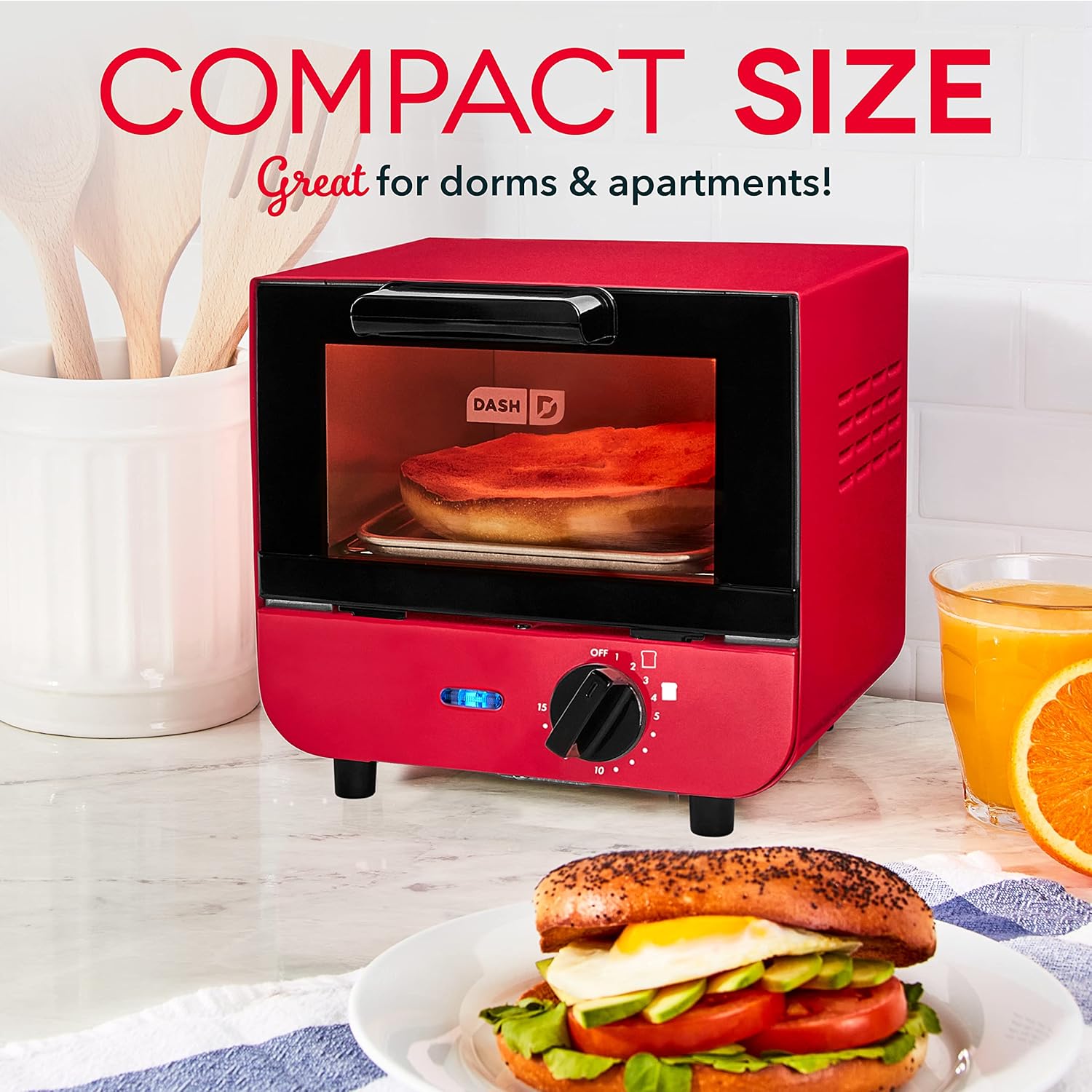 DASH Mini Toaster Oven Cooker for Bread, Bagels, Cookies, Pizza, Paninis & More with Baking Tray, Rack, Auto Shut Off Feature - Red - Image 2
