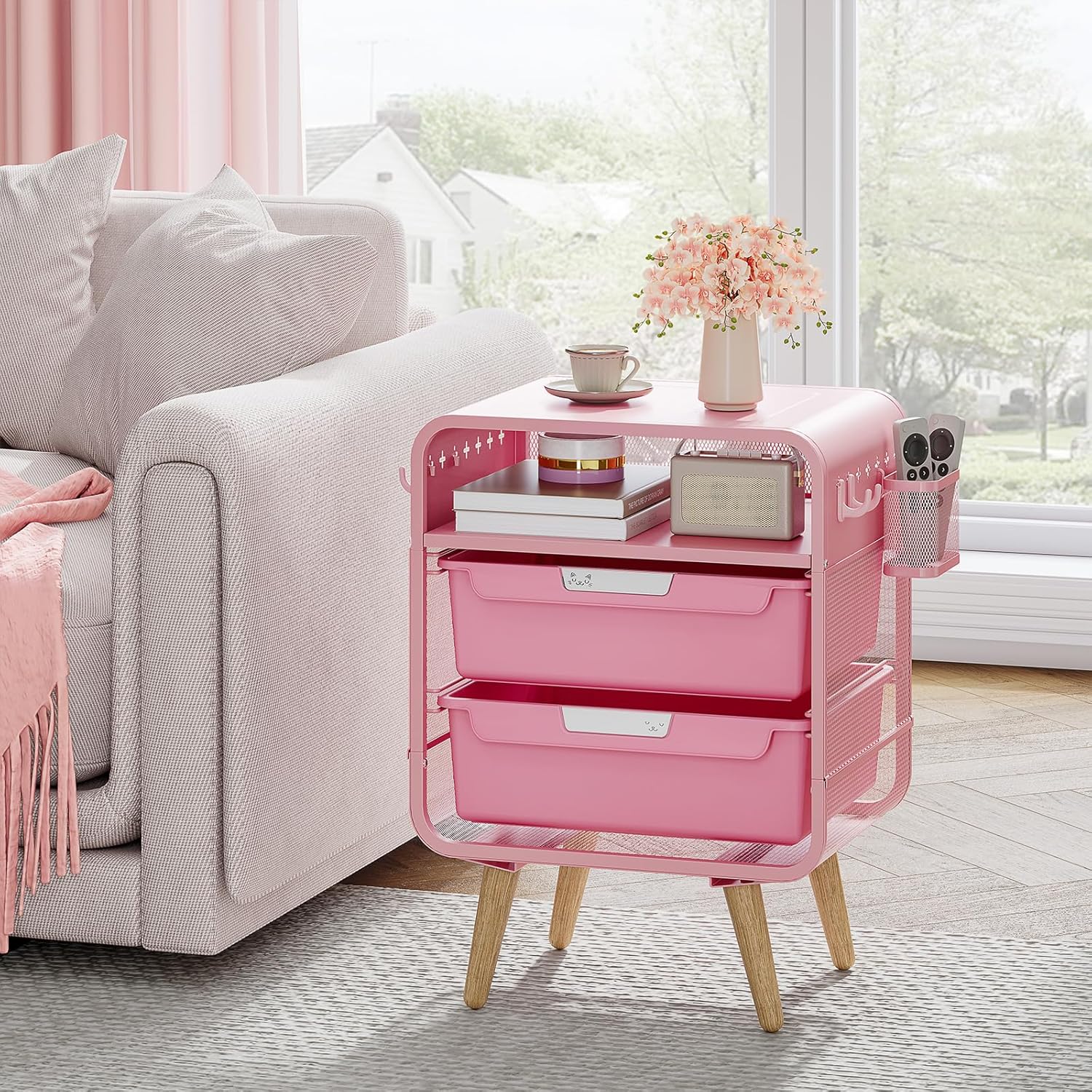 Pink Nightstand,Cute End Table with Storage Drawer,Kids Nightstand for Bedroom Furniture,Bedside Table Small Pink Desk Coffee Table for Living Room, Dorm,Office - Image 4