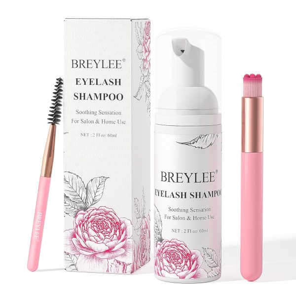 BREYLEE Eyelash Cleanser, Shampoo Foam & Brushes Eyelid Cleanser for Makeup Remover Paraben & Sulfate Free for Salon and Home Use(60ml, 2 fl oz)