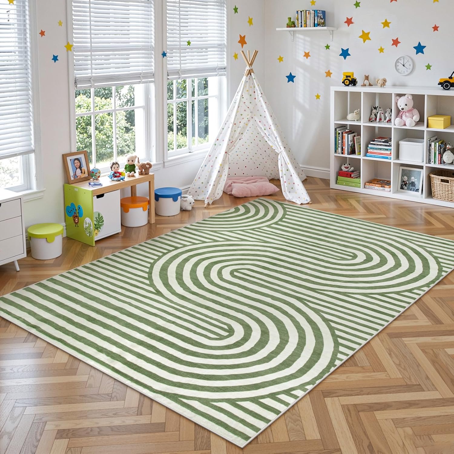 Lahome Modern 5x7 Area Rugs for Living Room - Soft Bedroom Rugs Green Washable Rugs 5x7 - Non-Slip Ultra-Thin Stain Resistance Abstract Mid Century Rug for Kids Nursery Large Playroom(5'X7',Green) - Image 7