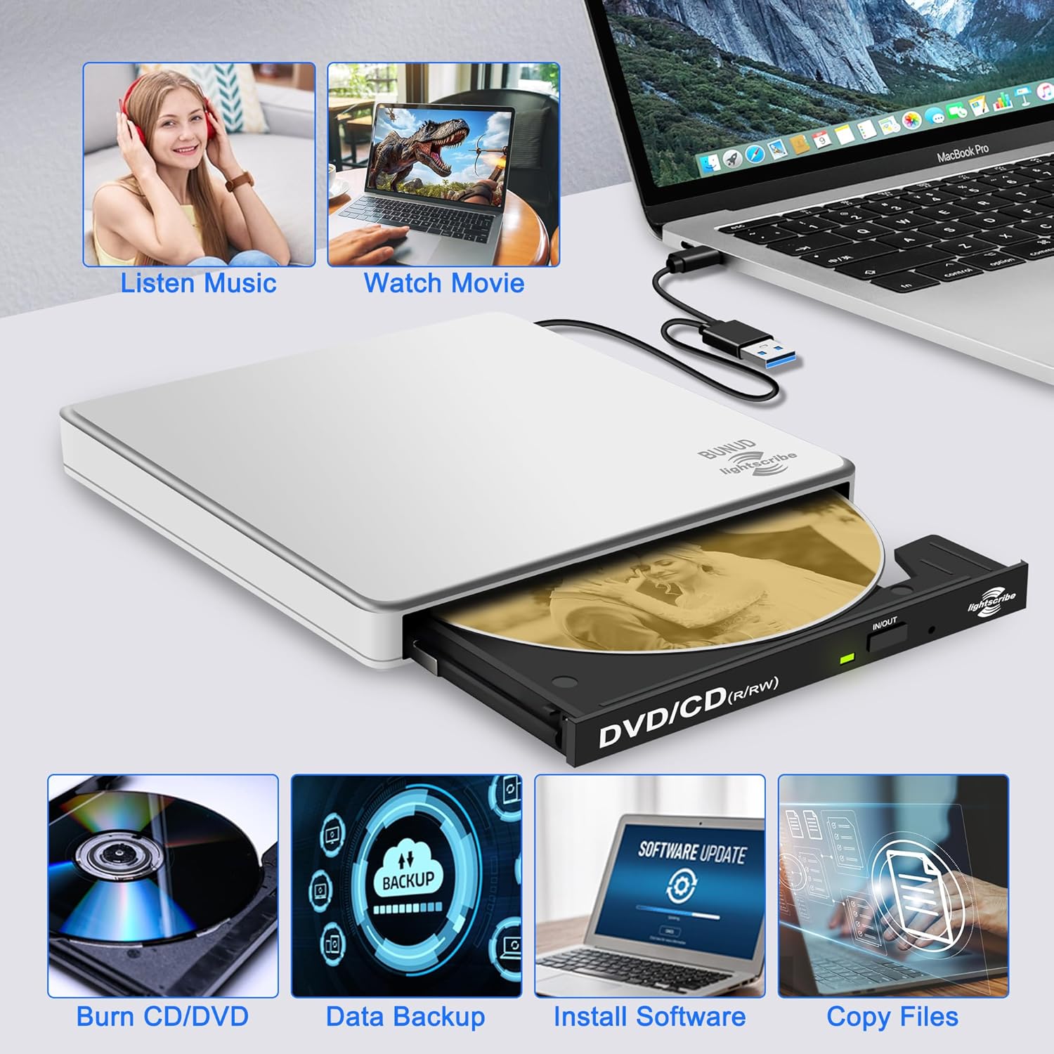 BUNUD LightScribe DVD Burner for Laptop: External Portable USB C CD/DVD Drive Compatible with Mac Windows Linux for Disc Labeling Wedding Photos with SD/TF/2 USB Ports Plug & Play(Silver) - Image 8