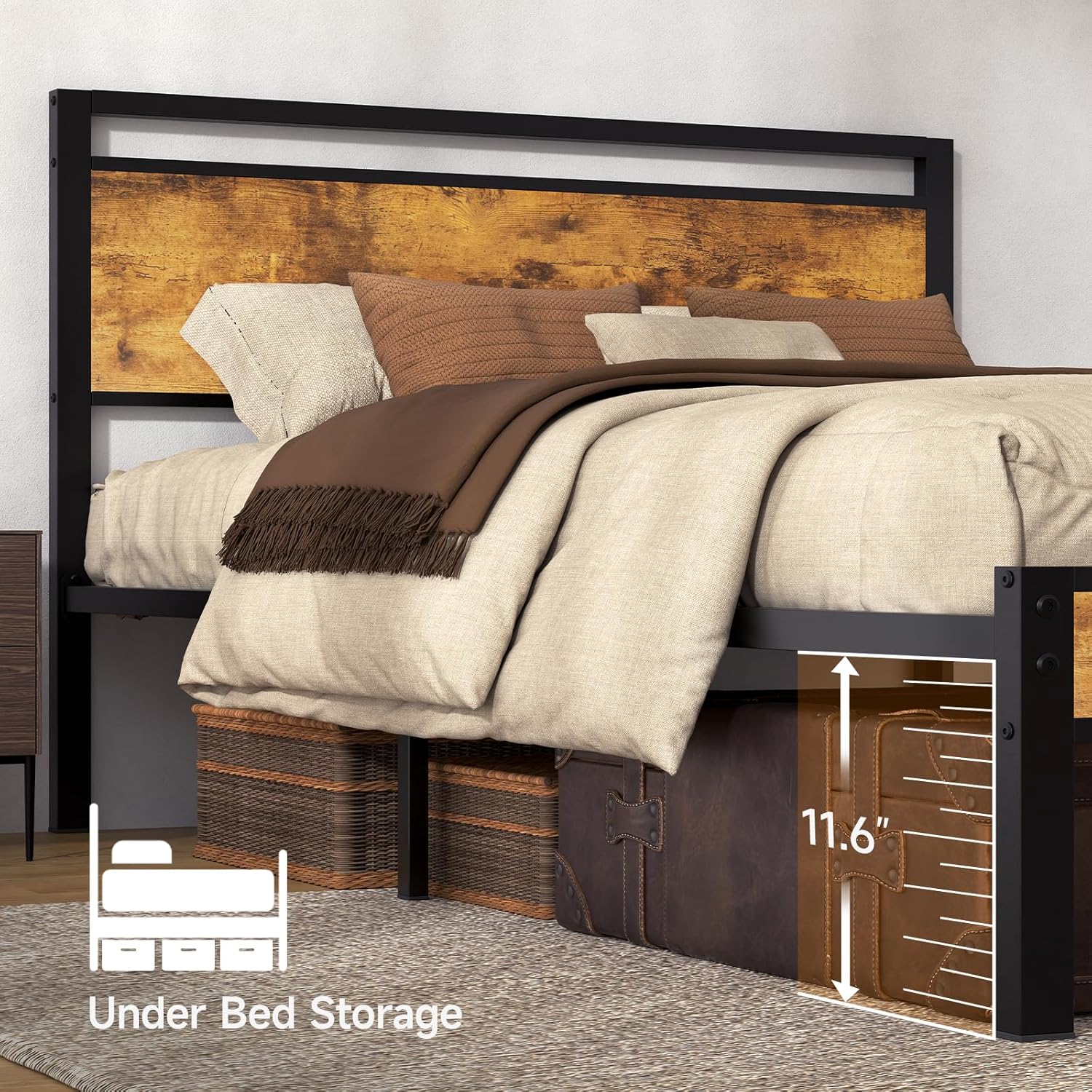 Z-hom Queen Bed Frame with Modern Wood Headboard & Footboard, Upgraded Heavy Duty Metal Sturdy Bed Frame Queen Size, Stable Platform Bed Furniture Bed Storage, No Noise, No Box Springs, Vintage Brown - Image 5