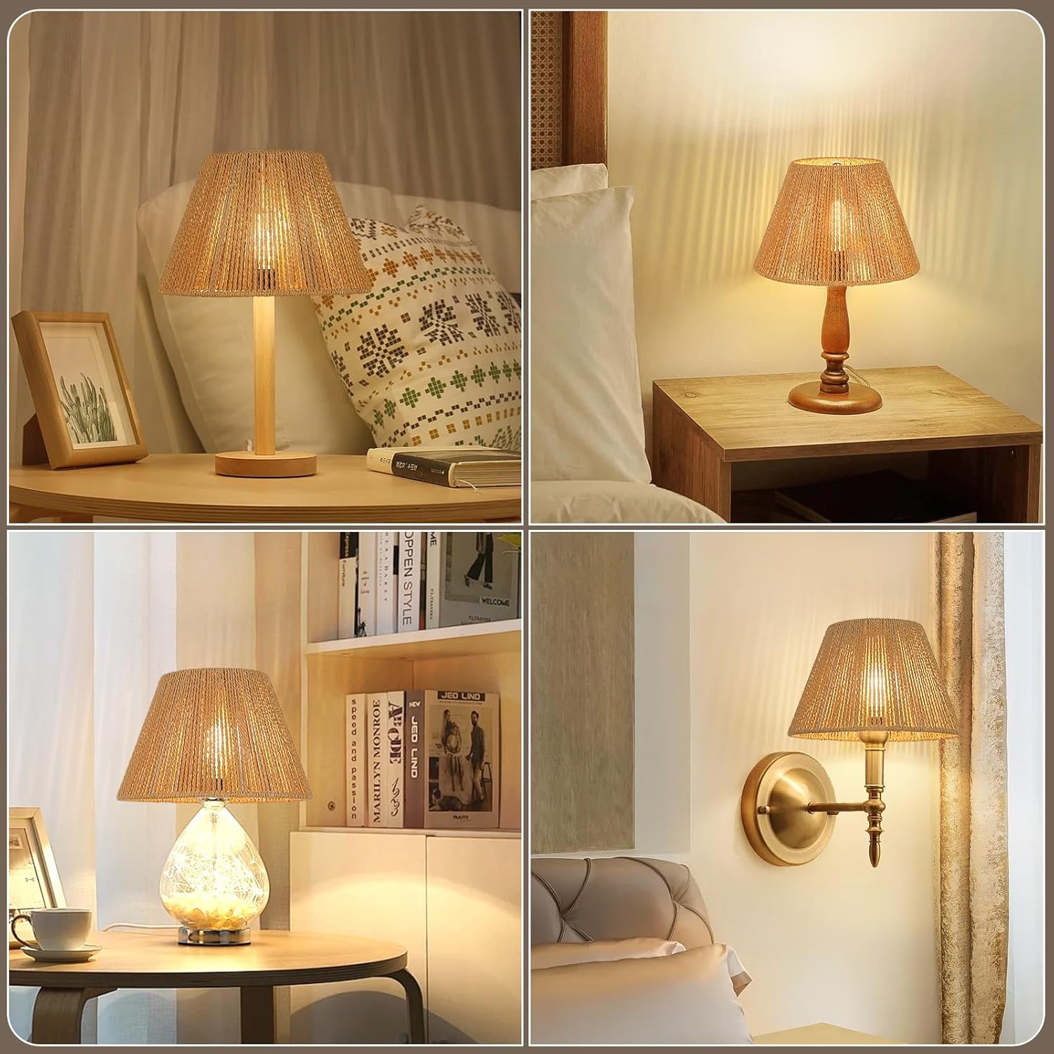Small Rattan Lamp Shades Set of 2, Boho Lamp Shades for Table Lamps, 5.5" Top x 10" Bottom x 6.6" High, Wicker Lampshade Replacement for Bedroom, Hand Woven, Spider, Bulb Clip Adapters Included - Image 7