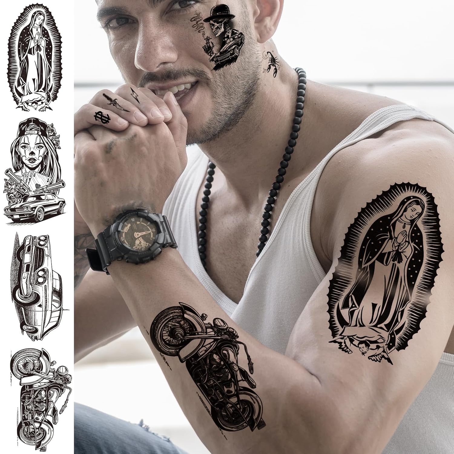 12 Sheets Large Chicano Temporary Tattoos, Cholo and Chola Temporary Tattoos, Chicana Guadalupe Gangster Fake Tattoos Day of the Dead, Día de Muertos, Tatuajes Temporales, Halloween Mexico Tattoos - Image 5