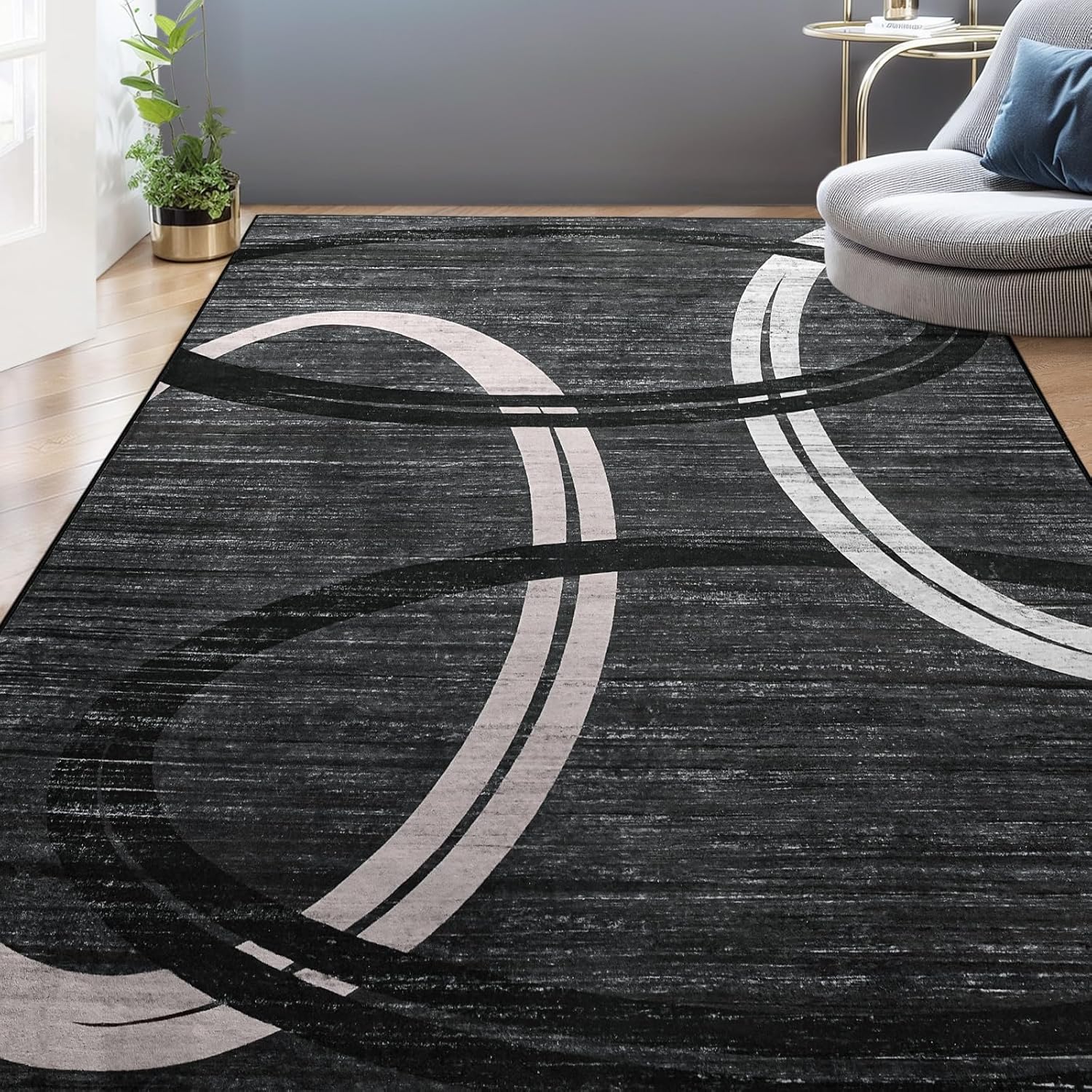 Kimicole Grey Area Rugs for Bedroom Living Room, 4x6 Modern Abstract Geometric Washable Rugs, Low Pile Thin Rug, Non-Slip Indoor Wavy Circles Floor Carpet for Office Dining Room Home Decor - Image 7