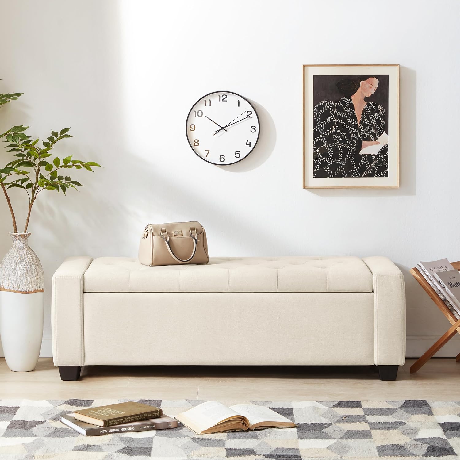 48" Ottoman with Storage, Storage Ottoman Bench with Safety Hinge, Upholstered Entryway Bench with Seating for Bedroom, Living Room, Holds up to 330 lb, Beige - Image 6