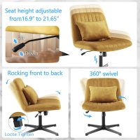Art Leon Criss Cross Chair - with Footstool and Lumbar Pillow, Armless Office Desk Chair No Wheels, Modern Swivel Height Adjustable Wide Seat Computer Task Vanity Chair, Yellow Brown Velvet Tufted - Image 3