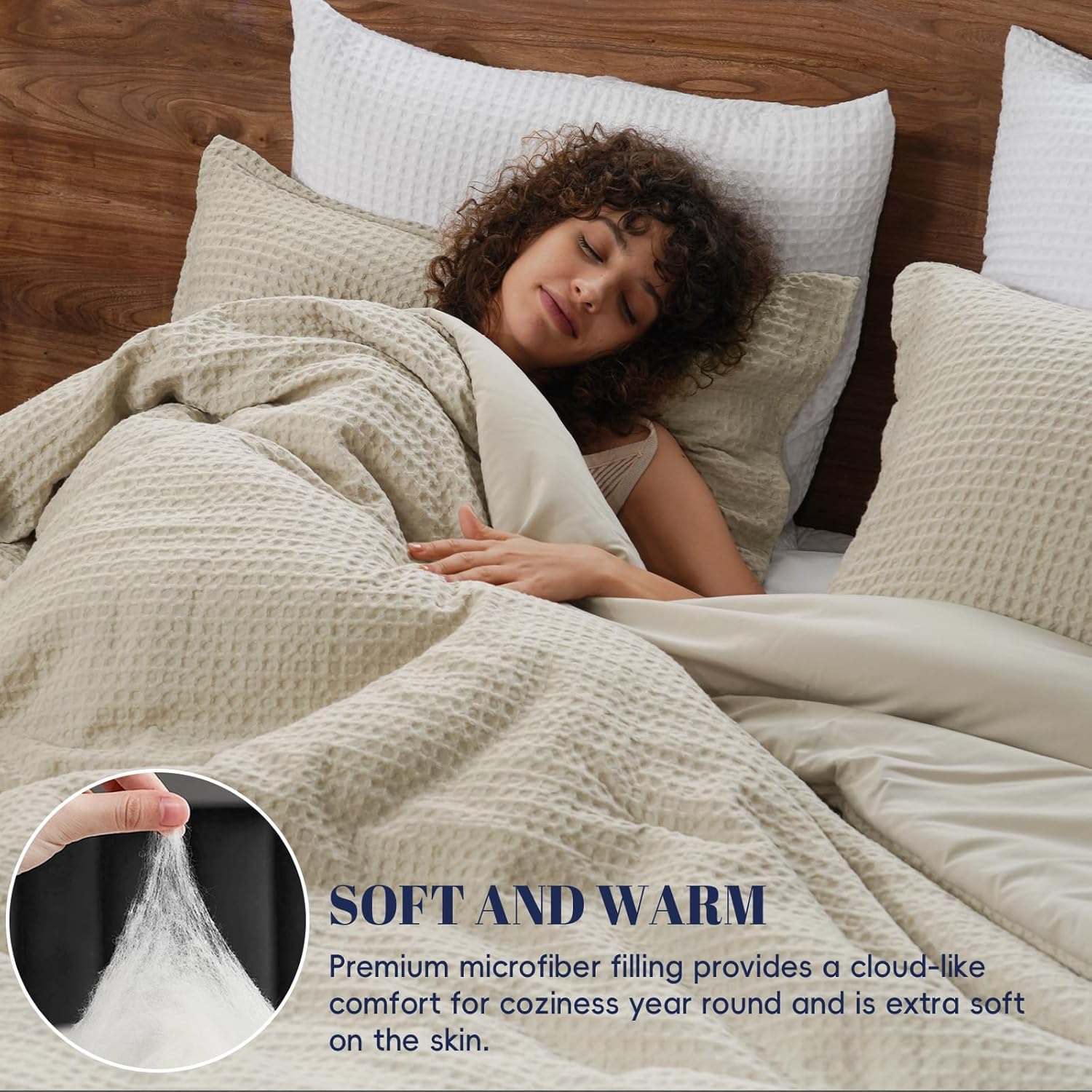 PHF Ultra Soft Waffle Weave Comforter Set Queen Size, 3 Pieces Lightweight Breathable Comfy Bedding Set for All Season, Comfy Textured 1 Comforter with 2 Pillow Shams, Linen - Image 2