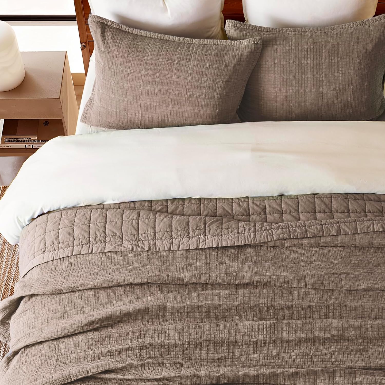 EVERGRACEHOME Stonewashed Cotton Quilt Set King Size, Ultra Soft Oversized Bedspread Coverlet Set, Lightweight Crinkle Box Stitch Bedding Sets for All Season, with 2 Shams, Mocha Brown - Image 2