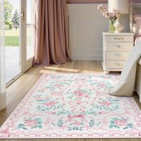 Collive Pink Floral Rugs for Bedroom Girls, 5x7 Bow Nursery Rug for Dorm Washable Area Rug for Living Room, Cute Ultra-Thin Non Slip Indoor Decor Carpet for Kids Room Playroom (Pink 5' x 7') - Image 2