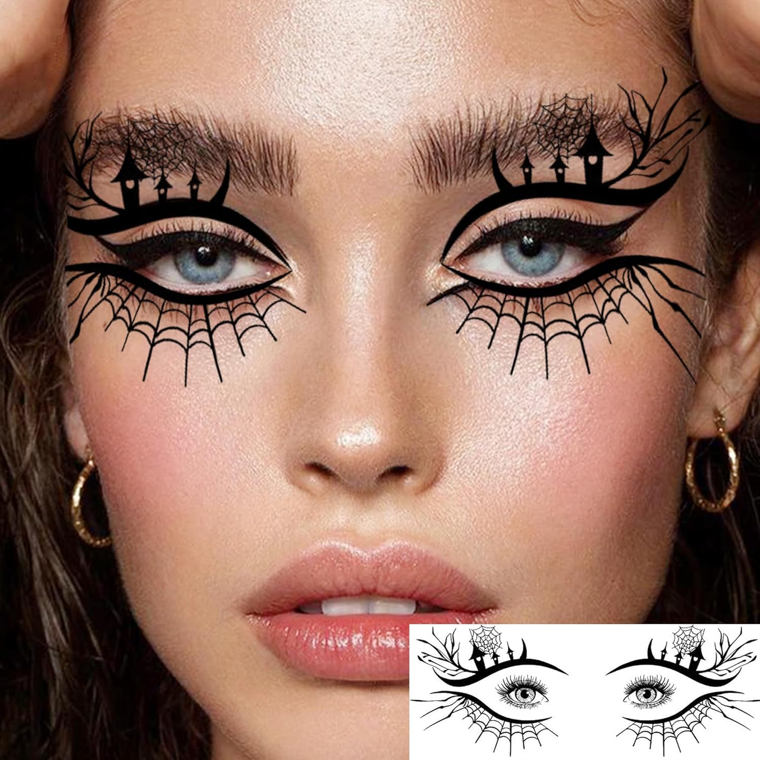 7 Sheets Halloween Eye Shadow Temporary Tattoos For Women Men Kids Adults, Halloween Eye Scary Face 3D Spider Web Tattoo Stickers, Cat Skull Bat Eyeliner Fake Tattoos Halloween Makeup Accessory - Image 3