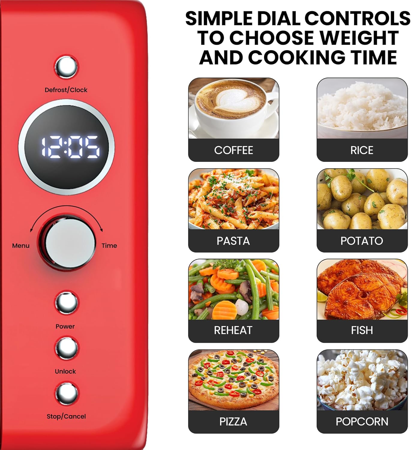 Total Chef Retro Microwave Oven | 20L / 0.7 Cu Ft | Quick Start & Defrost By Weight/Time | 8 Pre-set Cooking Modes For Coffee, Rice, Pasta, Potato, Reheat, Fish, Pizza, Popcorn | 700W | Red - Image 4