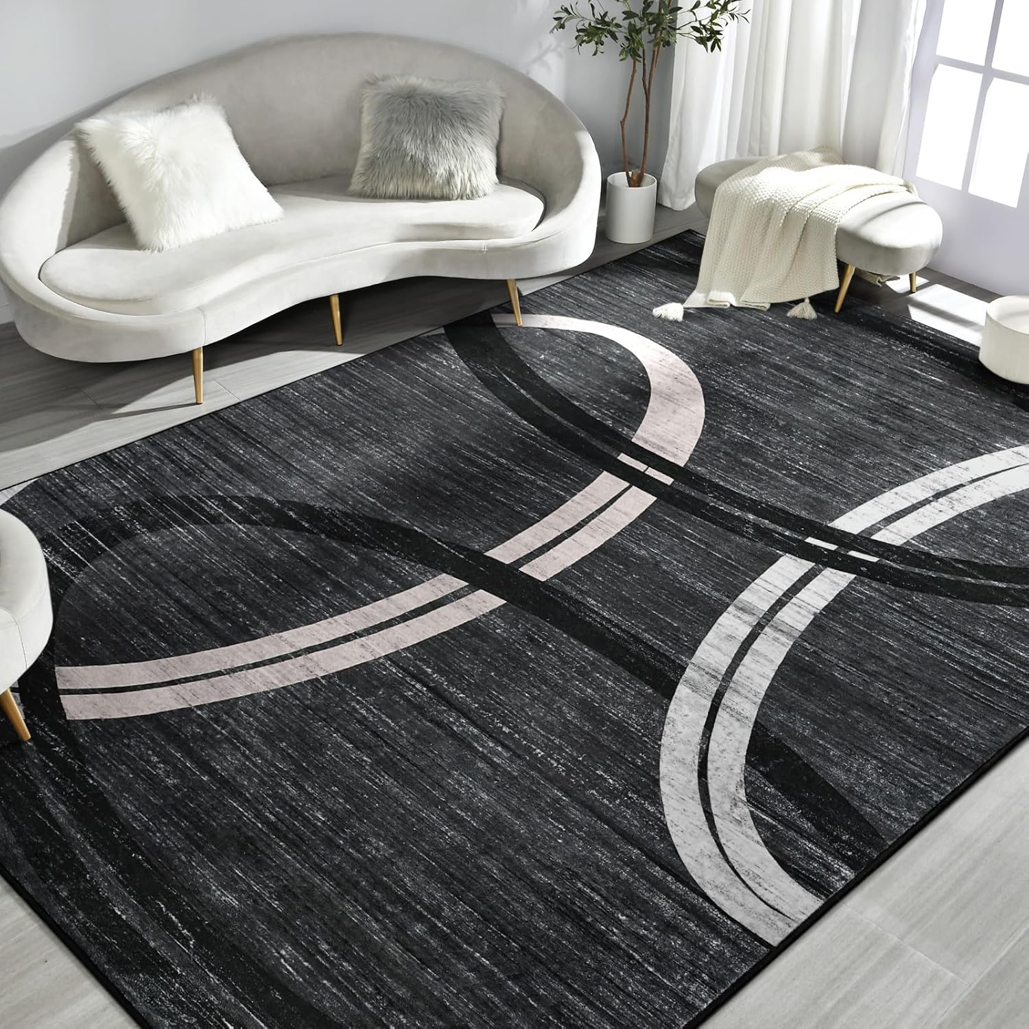 Kimicole Grey Area Rugs for Bedroom Living Room, 4x6 Modern Abstract Geometric Washable Rugs, Low Pile Thin Rug, Non-Slip Indoor Wavy Circles Floor Carpet for Office Dining Room Home Decor - Image 2