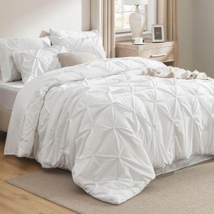 Bedsure Queen Comforter Set White - Bed in a Bag Queen Size 7 Pieces, GentleSoft™ Pintuck Bed Set Gift for Family, Pinch Pleat White Comforter with Sheets, Pillowcases & Shams