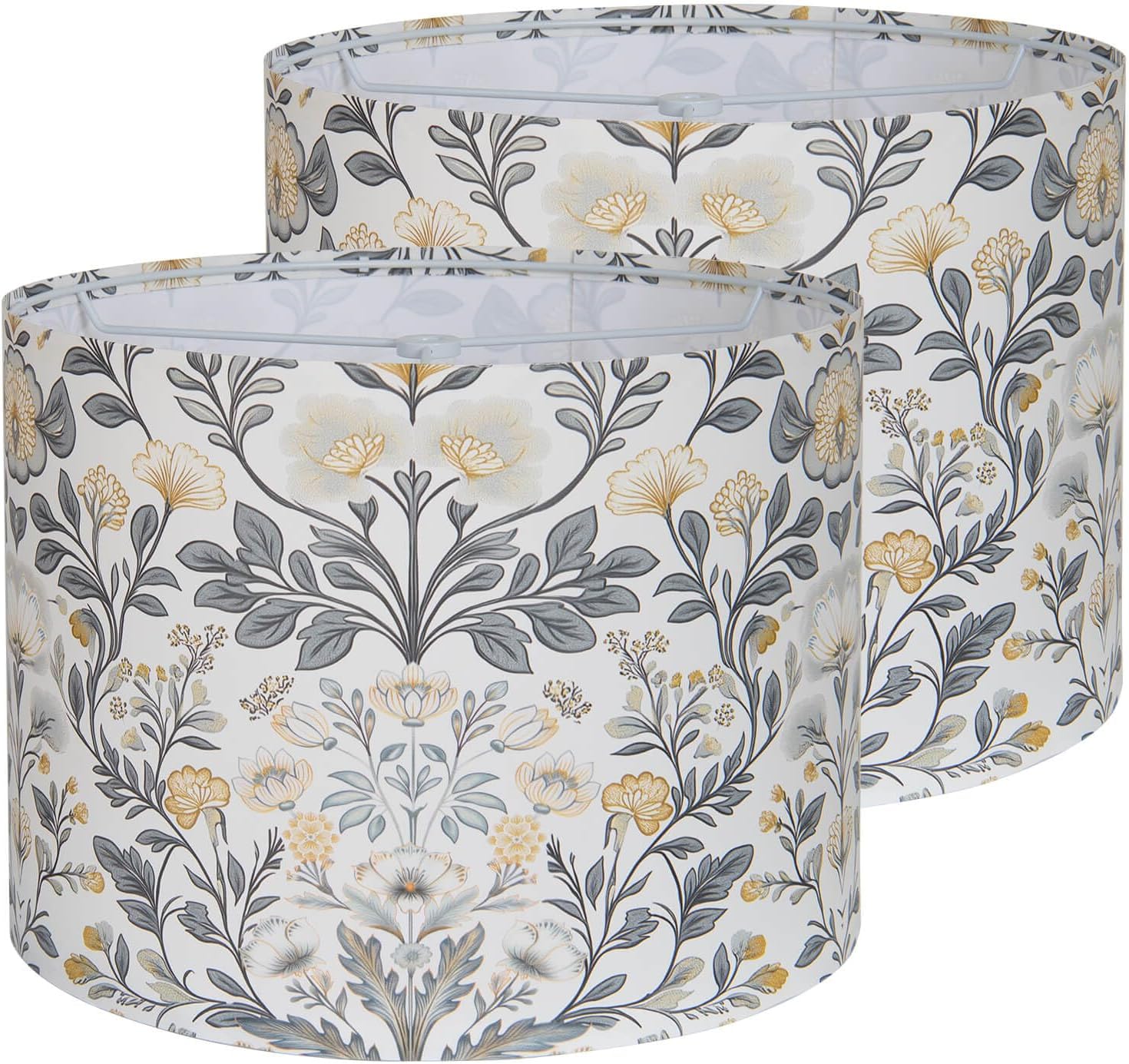 Drum Lamp Shades Set of 2, 13" Top x 13" Bottom x 10" High Polyester Fiber Printing Plants Lampshade, Floral Lampshade Cover, Spider Fitter for Table & Floor Lamps, Assembly Required (Country)