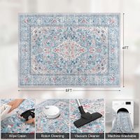 4x6 Blue Washable Boho Area Rug for Bedroom, Vintage Floral Non Slip Living Room Rugs, Soft Low Pile Indoor Mat, Aesthetic Pattern Carpet for Kitchen, Dining Room and Bedside - Image 2