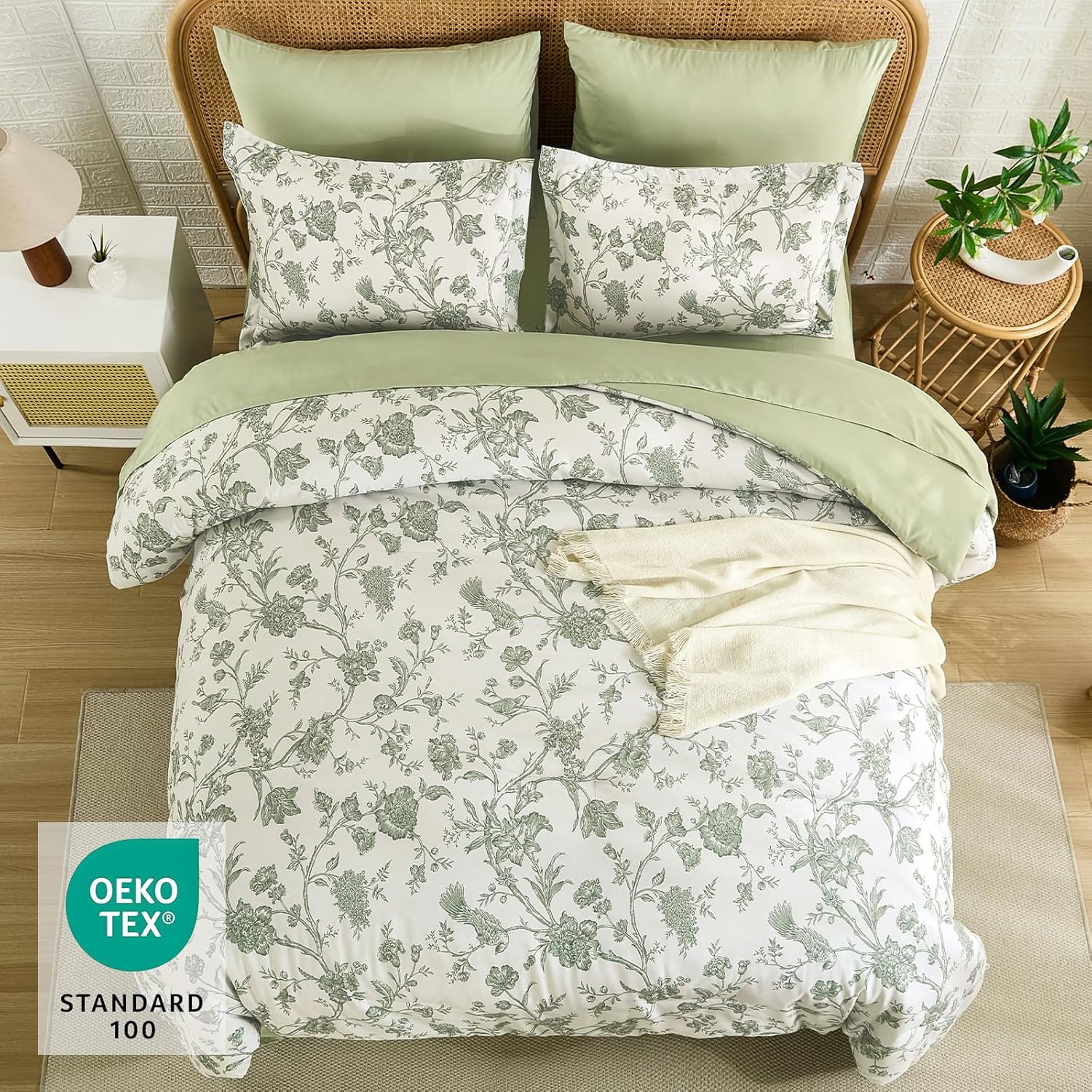 Luxudecor Floral Queen Comforter Set 7 Pieces Bed in a Bag, Sage Green Flower with Bird Bedding Set, Soft Reversible Comforter with Sheet Set 90"x90" - Image 3