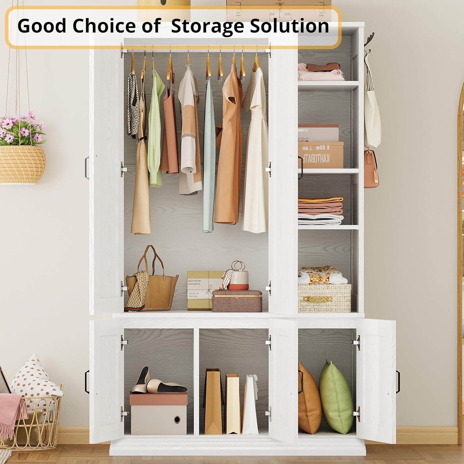 LIKIMIO Armoire Wardrobe Closet 70" H, 5 Doors Bedroom Wooden Wardrobe with 4 Storage Shelves and Hanging Rod, Clothing Storage Cabinet Organizer Combination, White - Image 3