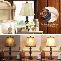 Touch Control Traditional Table Lamp Set of 2, Vintage Bedside Lamps with Dual USB Charging Ports, 3-Way Dimmable Bronze Finish Desk Lamps with Bell Shape Faux Silk Shade for Living Room, Bedroom - Image 2