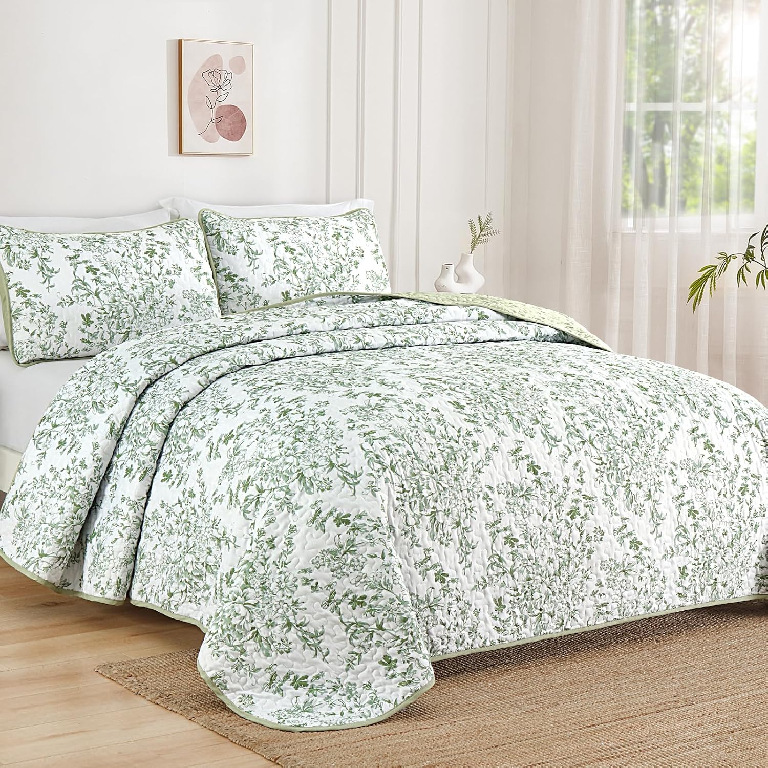 WONGS BDEEING Quilt King Size, Sage Green Quilt Bedding Set with 2 Pillowcases, Botanical Quilt for King Bed, Soft Microfiber Lightweight Coverlet Bedspread for All Season (110"×90", 3 Pieces) - Image 2