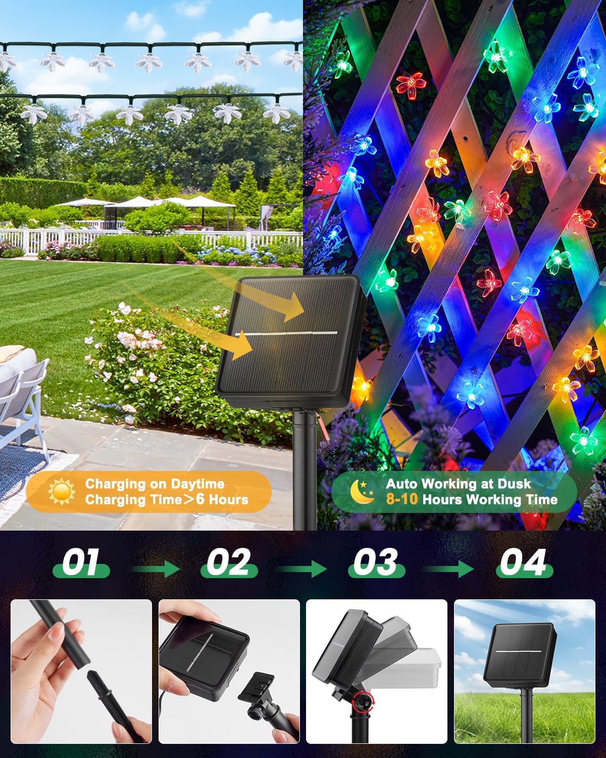 Brightown 60 LED Flower Solar String Lights Outdoor Waterproof Fairy Lights for Garden Yard Fence Patio Christmas Tree Wedding Party Decor, Multicolor - Image 5