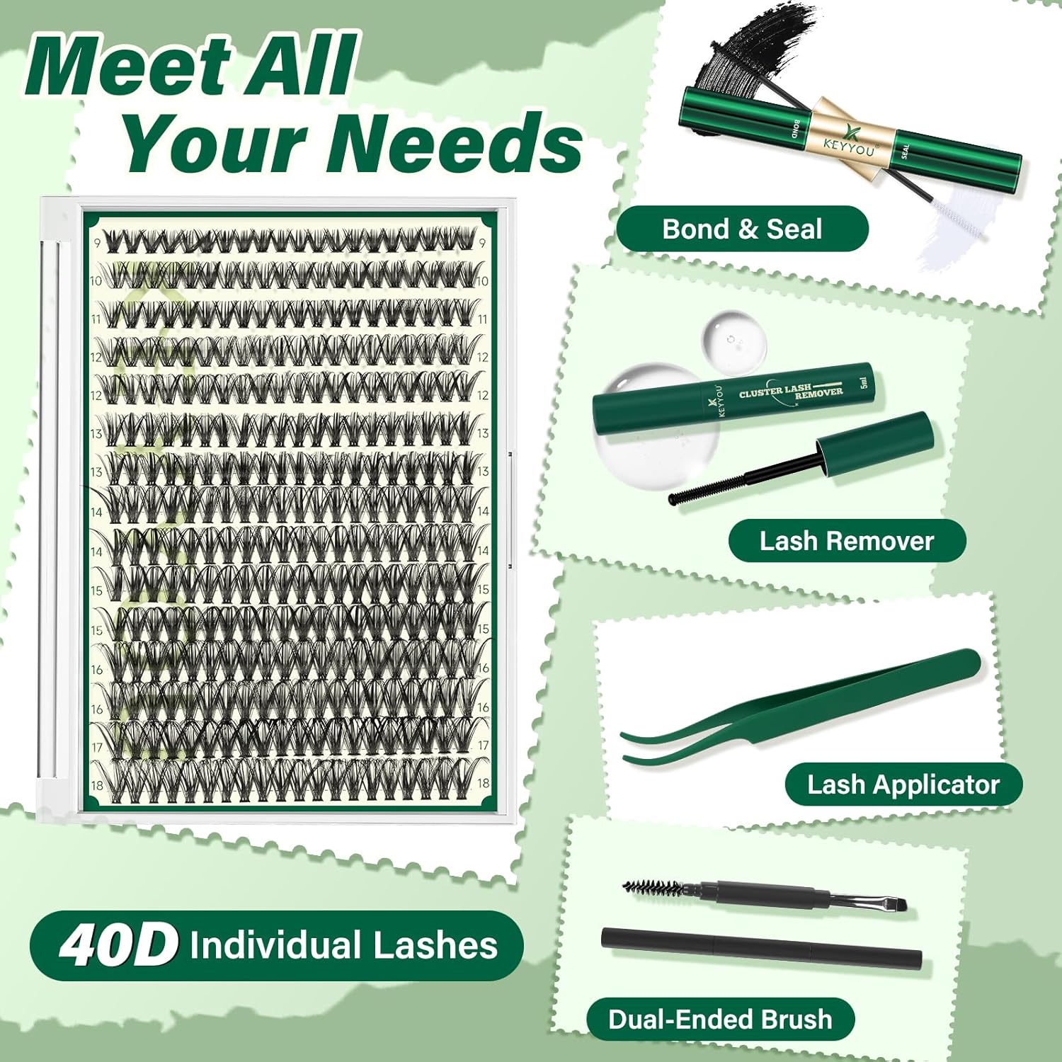 KEYYOU Lash Extension Kit DIY 300Pcs Lash Clusters Eyelash Extension Kit 40D 0.07 D Curl 9-18MIX Lash Clusters Kit with Lash Glue Remover Applicator Easy to Use for Beginners(Kit,40D-D,9-18MIX) - Image 2