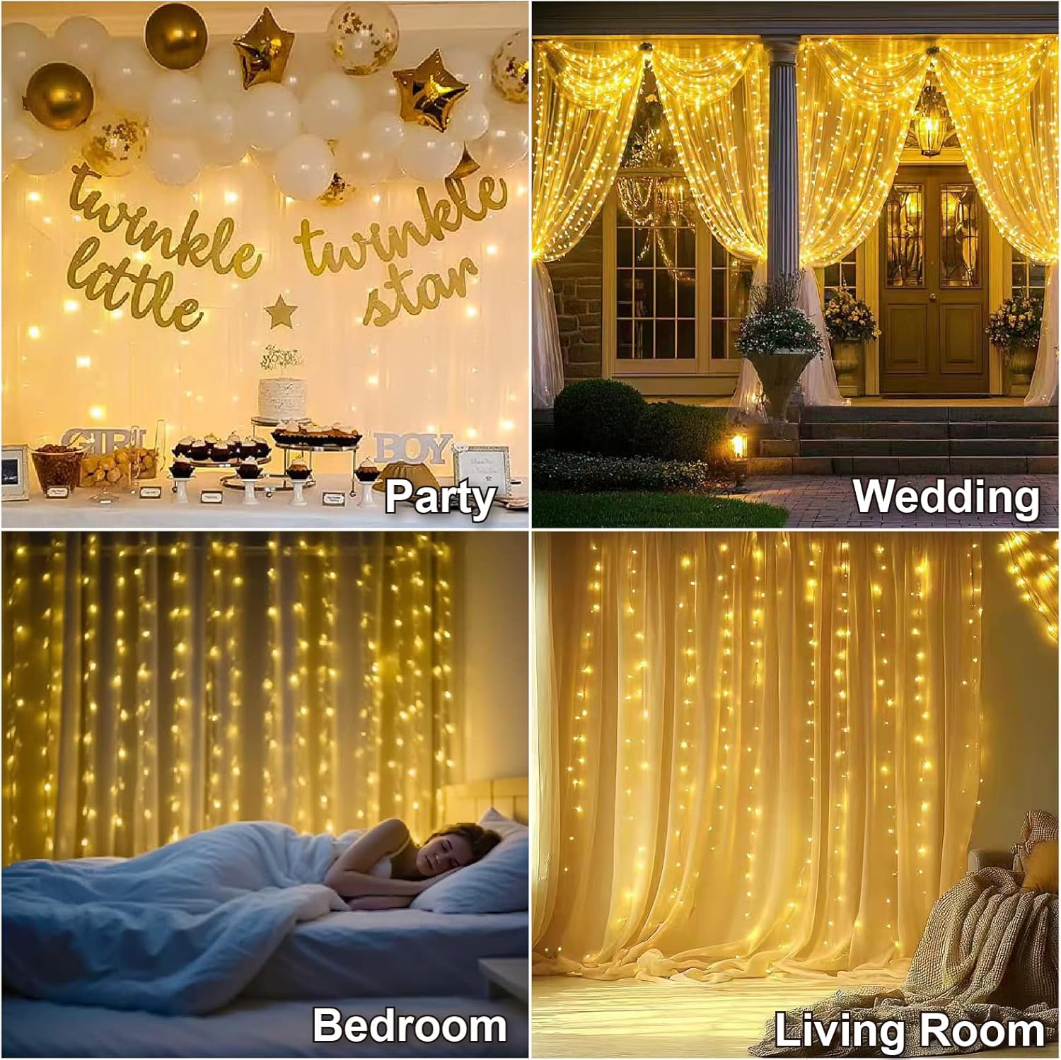 Warm White Curtain Light for Bedroom, 300 LED 9.8ft x 9.8ft Window Fairy Curtain String Light with 16 Hooks, 8 Models Remote Control for Wedding Party Home Garden Indoor Decorations - Image 2