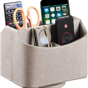 PUSU Leather 360°Rotatable Remote Control Holder,Nightstand TV Remote Caddy,Office Supplies Desktop Organizer,Spinning Storage Box for Pen,Mail,Phone,DVD, Blu-Ray, Media Player, Heater Controllers
