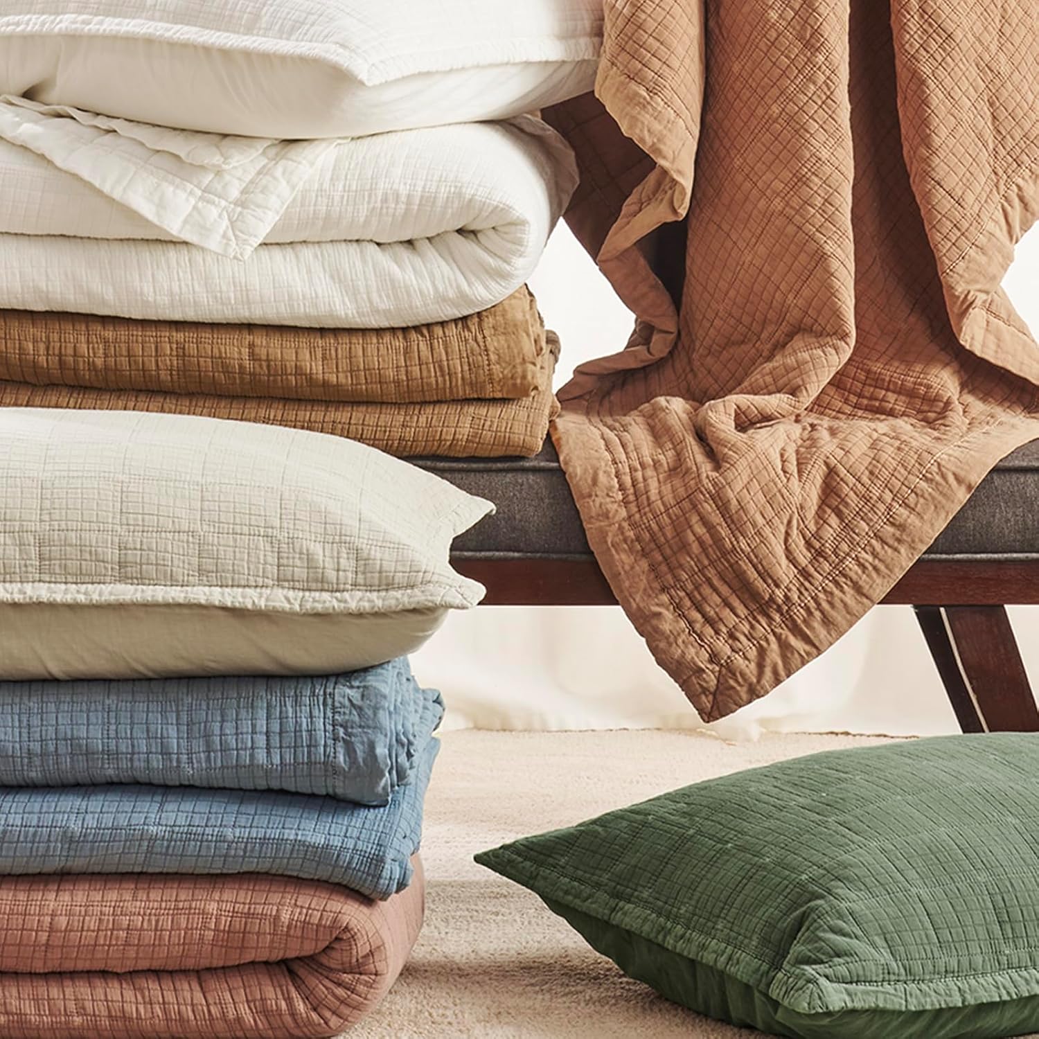 EVERGRACEHOME Stonewashed Cotton Quilt Set King Size, Ultra Soft Oversized Bedspread Coverlet Set, Lightweight Crinkle Box Stitch Bedding Sets for All Season, with 2 Shams, Mocha Brown - Image 6