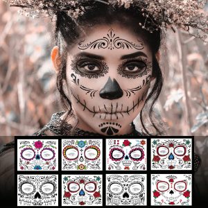 8 Pack Day of The Dead Sugar Skull Face Temporary Tattoo Halloween Makeup Tattoo Stickers for Halloween Masquerade Party